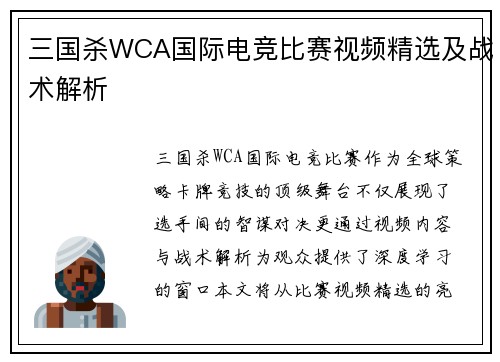 三国杀WCA国际电竞比赛视频精选及战术解析
