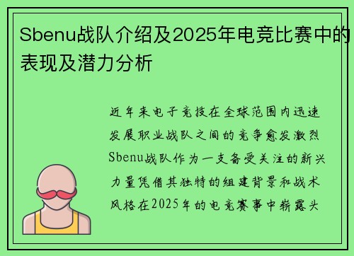 Sbenu战队介绍及2025年电竞比赛中的表现及潜力分析