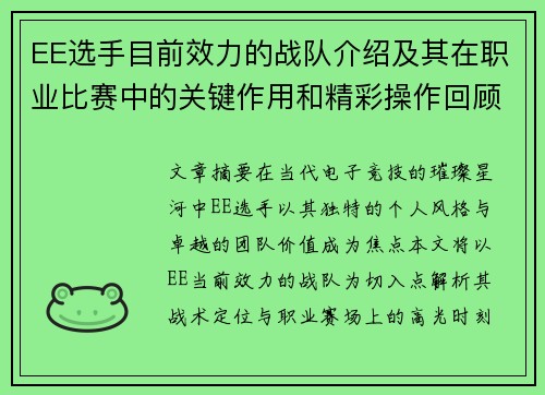 EE选手目前效力的战队介绍及其在职业比赛中的关键作用和精彩操作回顾
